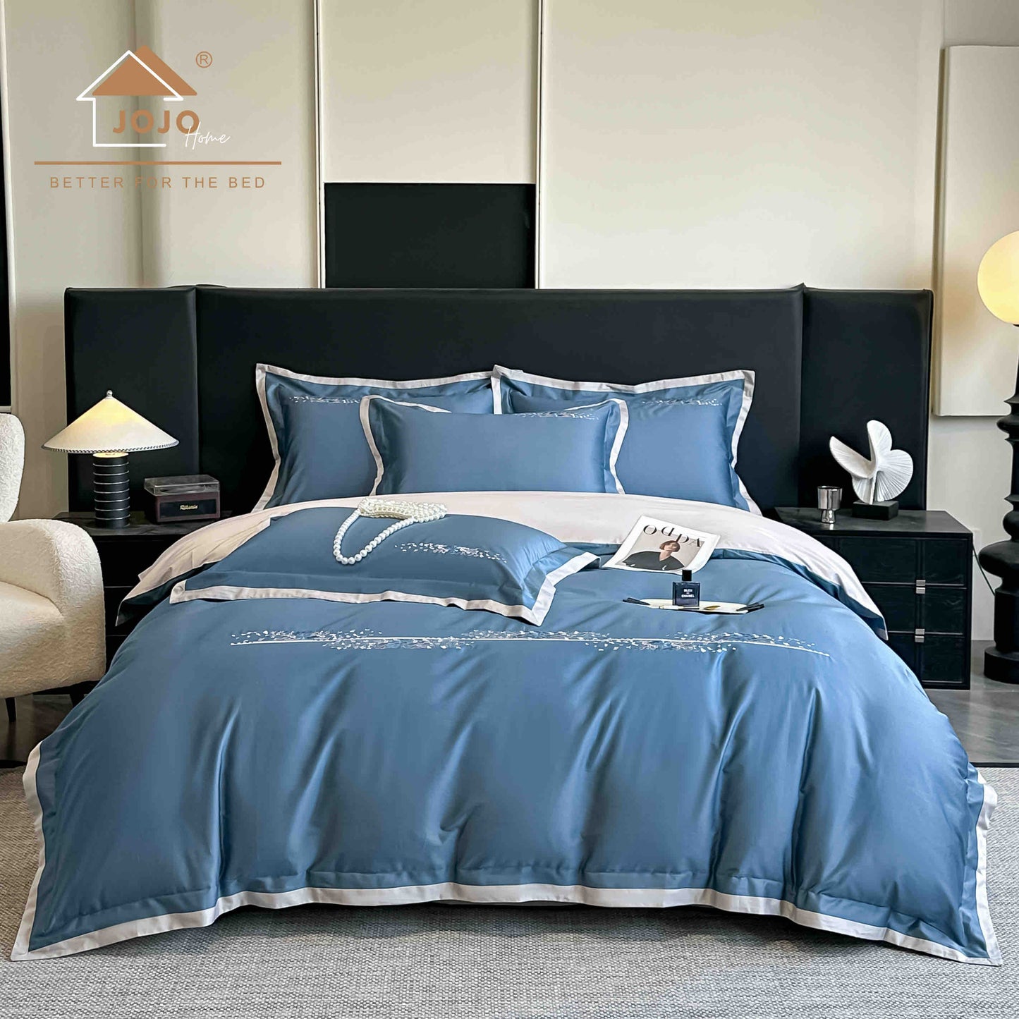 Lenjerie de Pat Premium Satin Deluxe cu Broderie Eleganta, din Bumbac 100%, 4 Piese, Blue-C11296