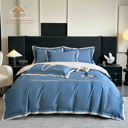 Lenjerie de Pat Premium Satin Deluxe cu Broderie Eleganta, din Bumbac 100%, 4 Piese, Blue-C11296