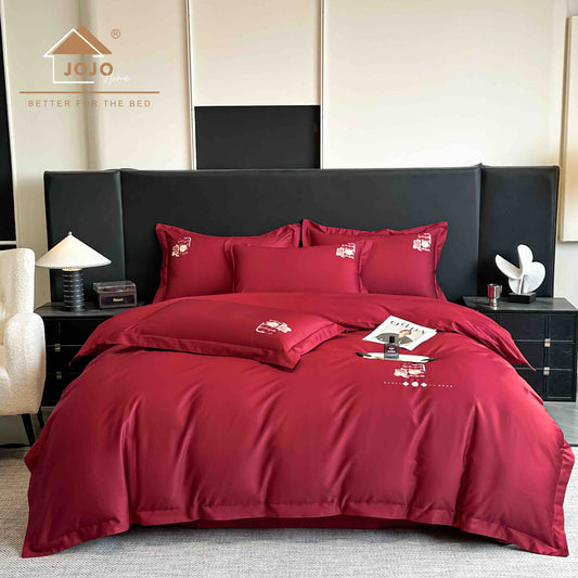 Lenjerie de Pat Premium Satin Deluxe cu Broderie Eleganta, din Bumbac 100%, 4 Piese, Rosu-C11297