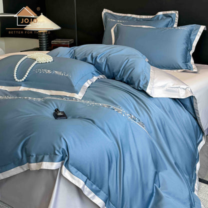 Lenjerie de Pat Premium Satin Deluxe cu Broderie Eleganta, din Bumbac 100%, 4 Piese, Blue-C11296