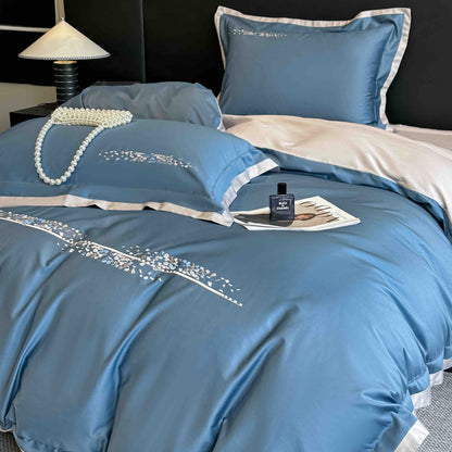 Lenjerie de Pat Premium Satin Deluxe cu Broderie Eleganta, din Bumbac 100%, 4 Piese, Blue-C11296