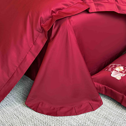 Lenjerie de Pat Premium Satin Deluxe cu Broderie Eleganta, din Bumbac 100%, 4 Piese, Rosu-C11297