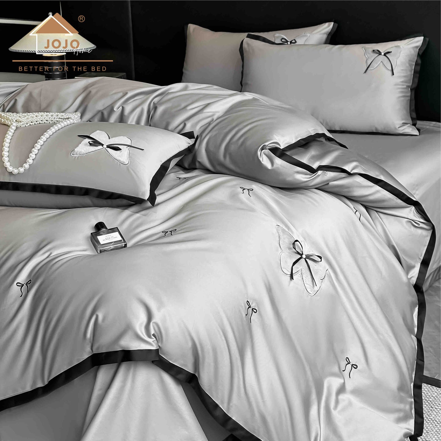 Lenjerie de Pat Premium Satin Deluxe cu Broderie Eleganta, din Bumbac 100%, 4 Piese, Fundite-C11294