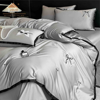 Lenjerie de Pat Premium Satin Deluxe cu Broderie Eleganta, din Bumbac 100%, 4 Piese, Fundite-C11294