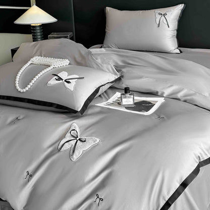 Lenjerie de Pat Premium Satin Deluxe cu Broderie Eleganta, din Bumbac 100%, 4 Piese, Fundite-C11294