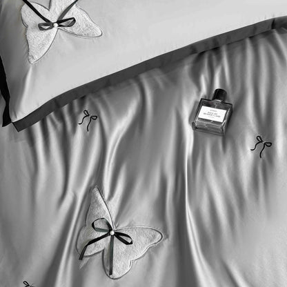 Lenjerie de Pat Premium Satin Deluxe cu Broderie Eleganta, din Bumbac 100%, 4 Piese, Fundite-C11294