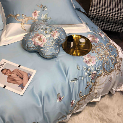 Lenjerie de Pat Premium Satin Deluxe cu Broderie Eleganta, din Bumbac 100%, 4 Piese, Blue Royal-C11299