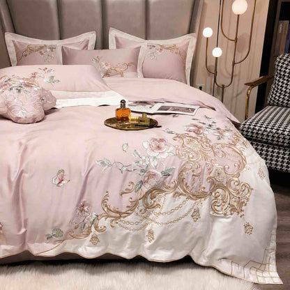 Lenjerie de Pat Premium Satin Deluxe cu Broderie Eleganta, din Bumbac 100%, 4 Piese, Pink Royal-C11298