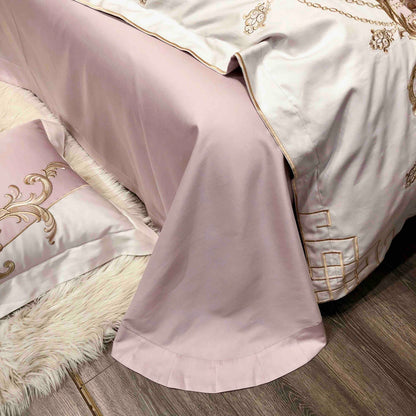 Lenjerie de Pat Premium Satin Deluxe cu Broderie Eleganta, din Bumbac 100%, 4 Piese, Pink Royal-C11298