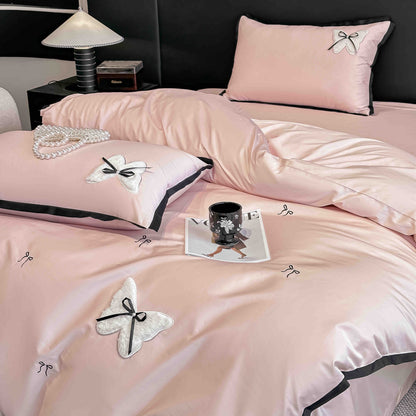 Lenjerie de Pat Premium Satin Deluxe cu Broderie Eleganta, din Bumbac 100%, 4 Piese, Fundite-C11293
