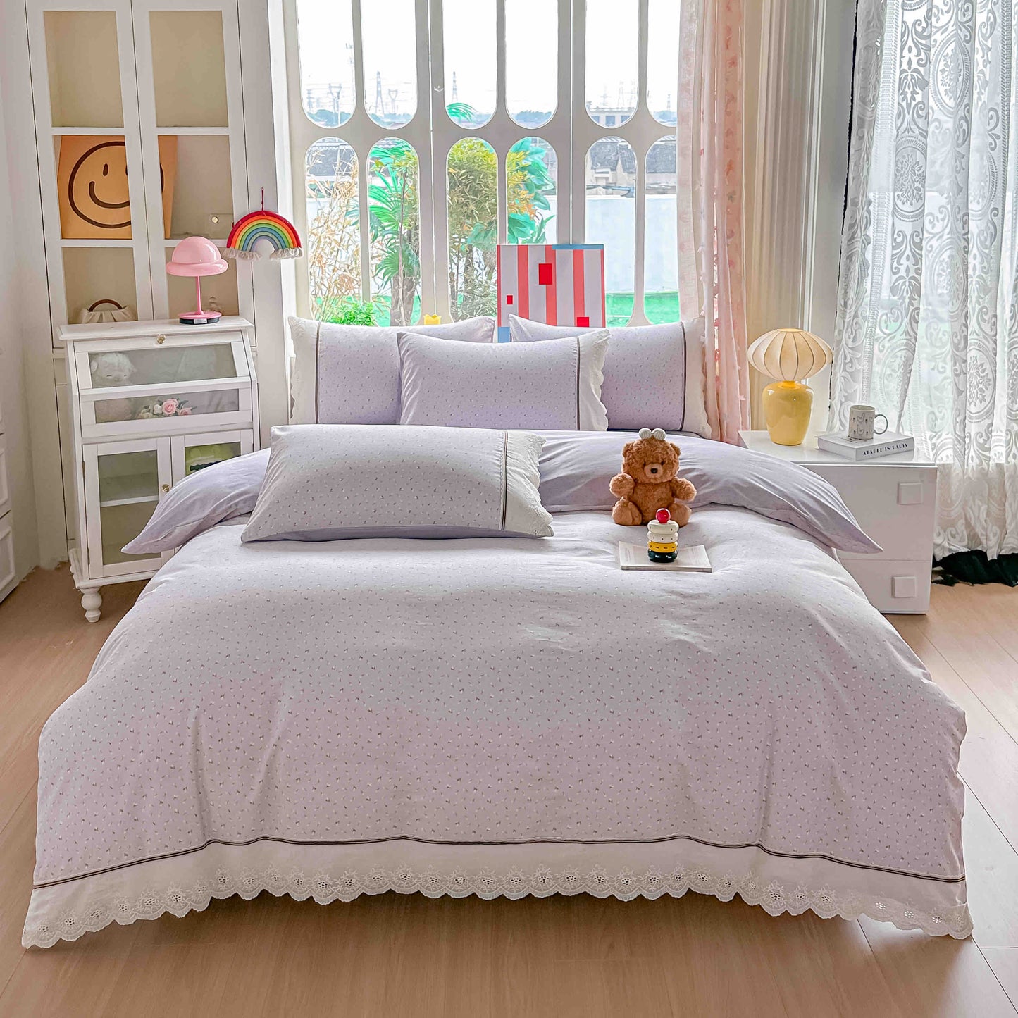 Lenjerie de Pat Premium, Bumbac 100%, cu Volanase din Dantela, Cearceaf pat Elastic, 4 Piese-C11385