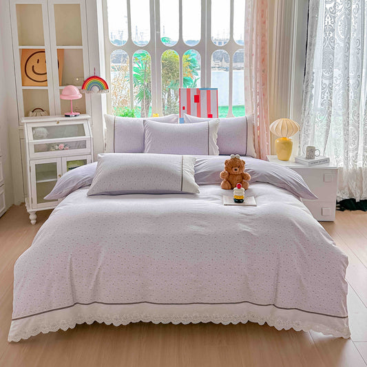 Lenjerie de Pat Premium, Bumbac 100%, cu Volanase din Dantela, Cearceaf pat Elastic, 4 Piese-C11385