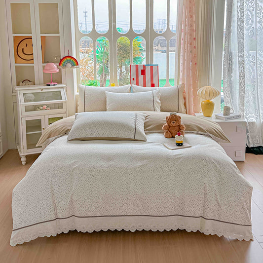 Lenjerie de Pat Premium, Bumbac 100%, cu Volanase din Dantela, Cearceaf pat Elastic, 4 Piese-C11391