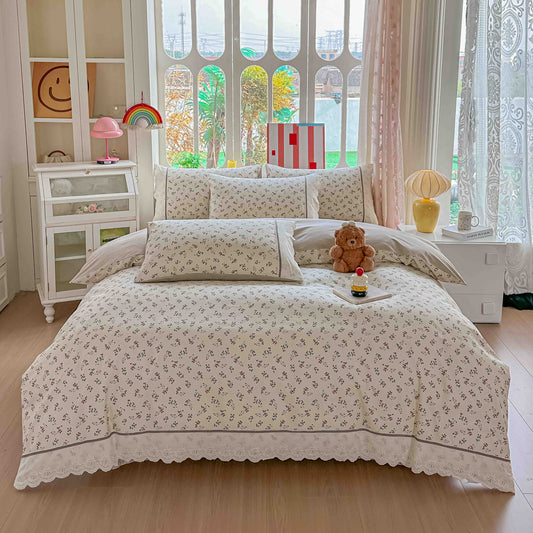 Lenjerie de Pat Premium, Bumbac 100%, cu Volanase din Dantela, Cearceaf pat Elastic, 4 Piese-C11388