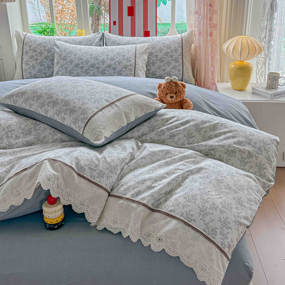 Lenjerie de Pat Premium, Bumbac 100%, cu Volanase din Dantela, Cearceaf pat Elastic, 4 Piese-C11310