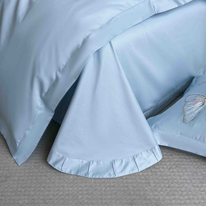 Lenjerie de Pat Premium Satin Deluxe cu Broderie Eleganta, din Bumbac 100%, 4 Piese, Bleu/Fluturasi-C11533