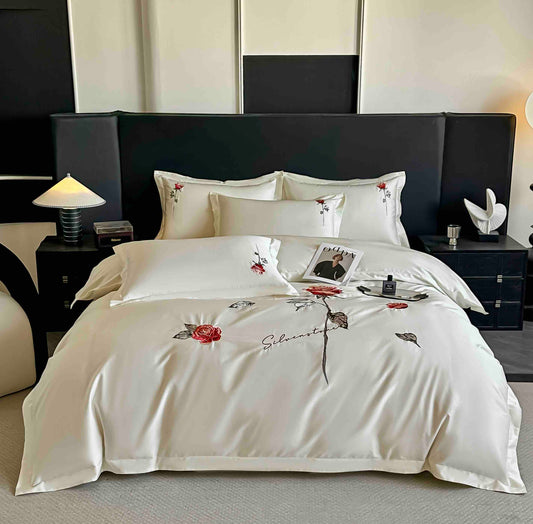 Lenjerie de Pat Premium Satin Deluxe cu Broderie Eleganta, din Bumbac 100%, 4 Piese, Trandafiri-C11535