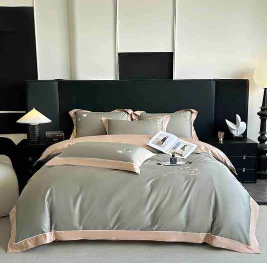 Lenjerie de Pat Premium Satin Deluxe cu Broderie Eleganta, din Bumbac 100%, 4 Piese, Gri/Somon-C11534
