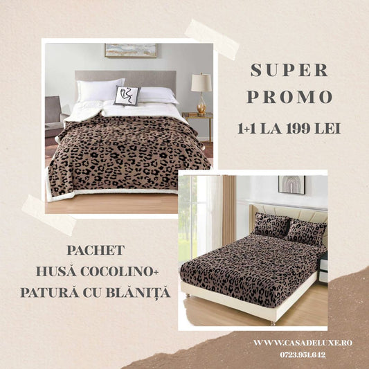 Pachet Promo Husa Cocolino Sherpa+Patura Cocolino cu Fermoar, cu Blanita Sherpa, Cappuccino-F10357