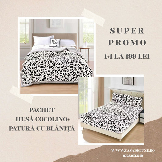 Pachet Promo Husa Cocolino Sherpa+Patura Cocolino cu Fermoar, cu Blanita Sherpa, Alb-F10356