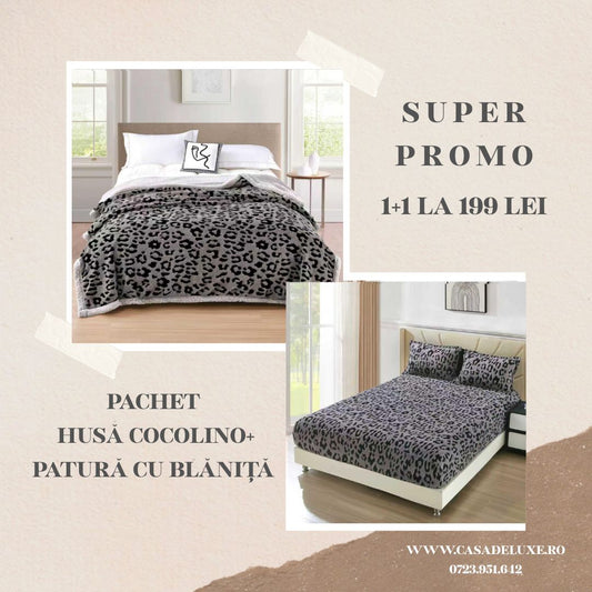 Pachet Promo Husa Cocolino Sherpa+Patura Cocolino cu Fermoar, cu Blanita Sherpa, Gri-F10355