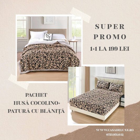 Pachet Promo Husa Cocolino Sherpa+Patura Cocolino cu Fermoar, cu Blanita Sherpa, Bej-F10354