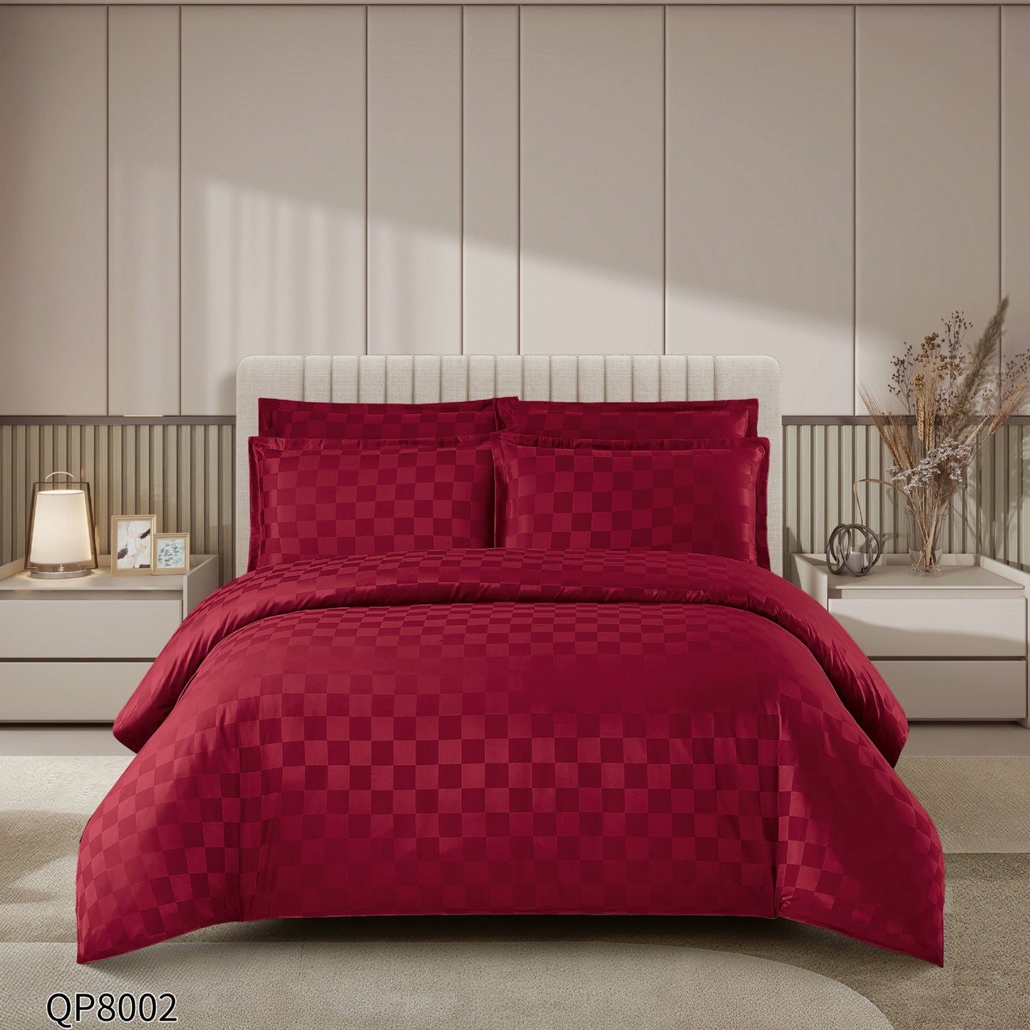 Lenjerie Pat Dublu din Damasc Finetat, 4 Piese cu Elastic, Grena-P8645