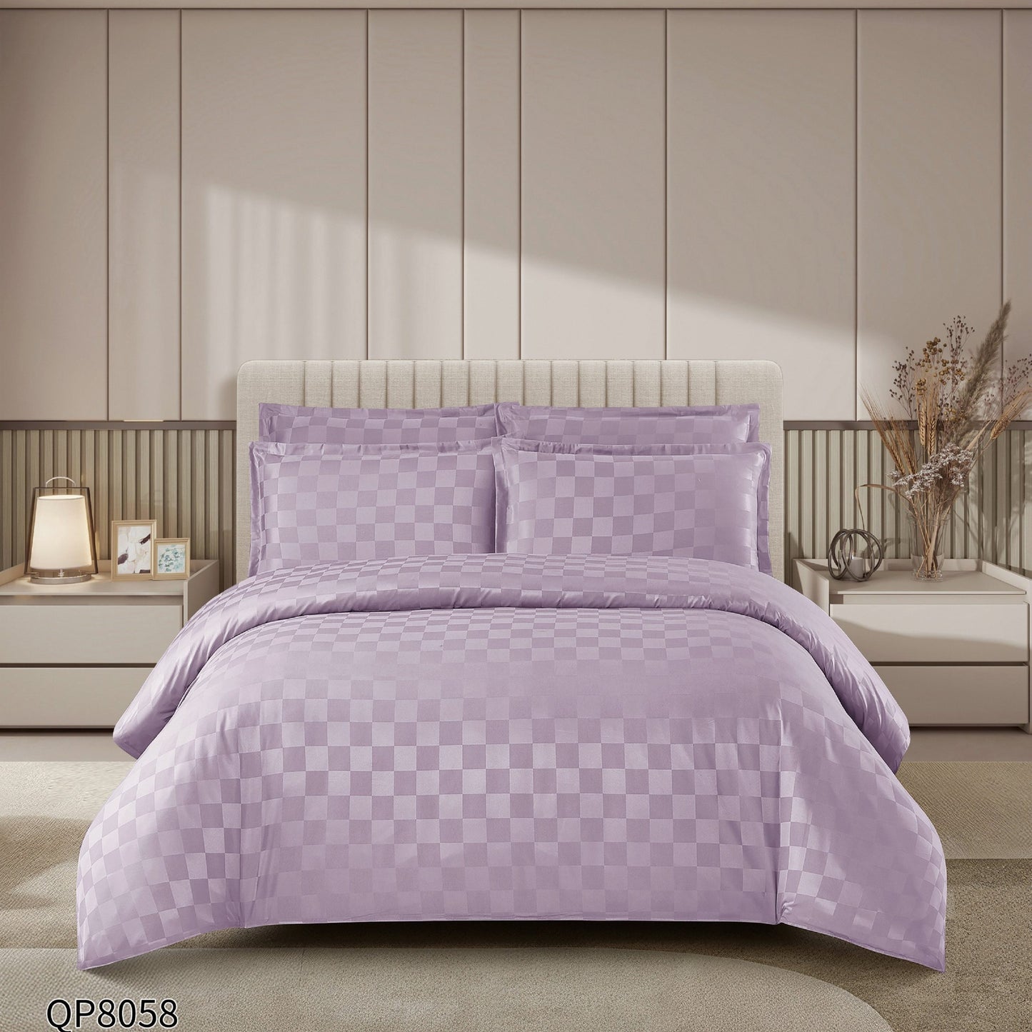 Lenjerie Pat Dublu din Damasc Finetat, 4 Piese cu Elastic, Lila-P8647