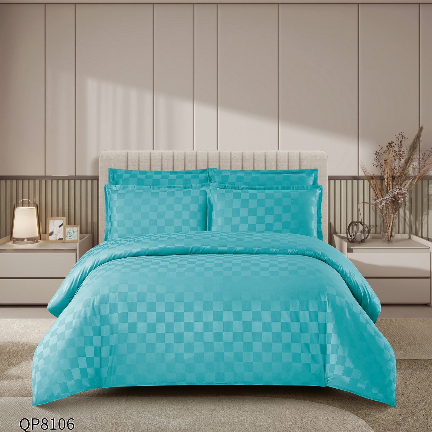 Lenjerie Pat Dublu din Damasc Finetat, 4 Piese cu Elastic, Turcoaz-P8654