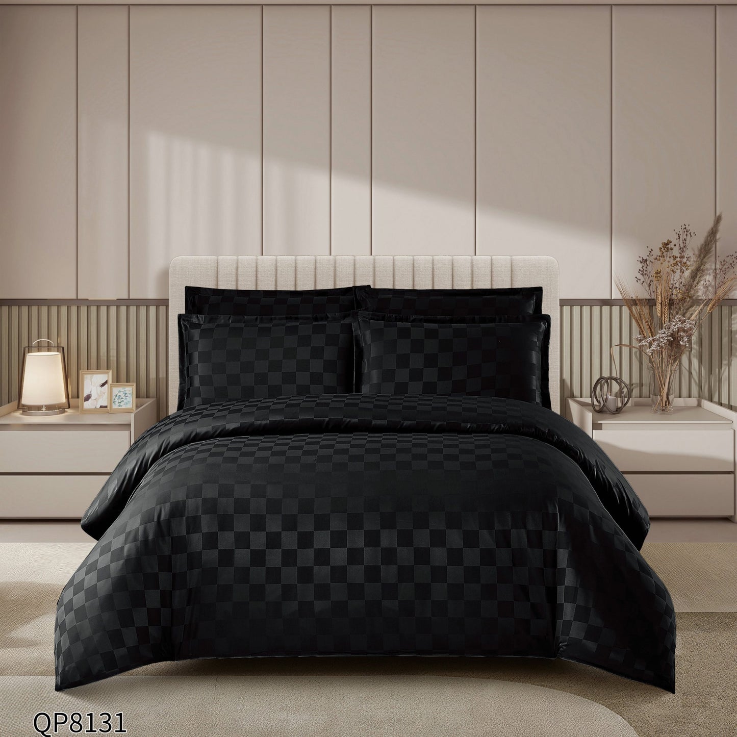 Lenjerie Pat Dublu din Damasc Finetat, 4 Piese cu Elastic, Negru-P8655