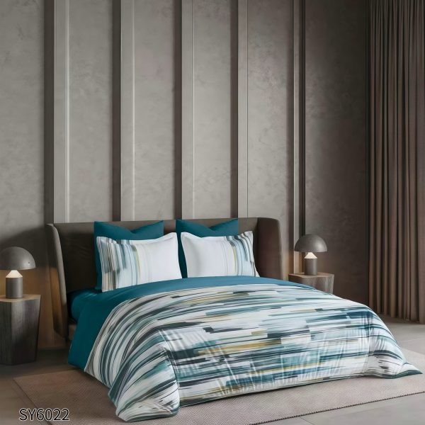 Lenjerie Pat Dublu din Finet Imprimat Digital, 6 Piese, cu Elastic, Dungi Abstracte-P10223