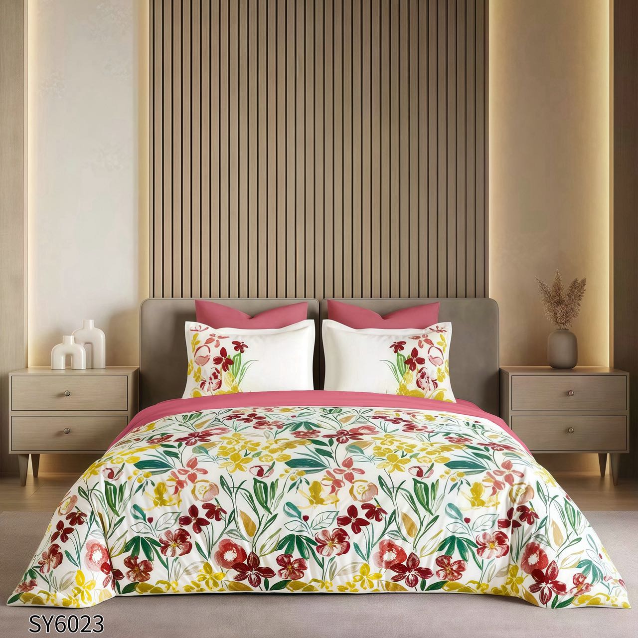 Lenjerie Pat Dublu din Finet Imprimat Digital, 6 Piese, cu Elastic, Floral-P10224