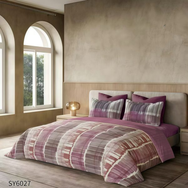 Lenjerie Pat Dublu din Finet Imprimat Digital, 6 Piese, cu Elastic, Dungi-P10228