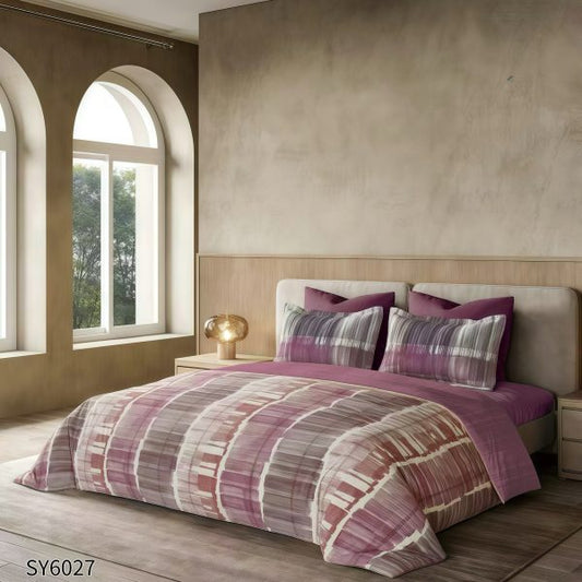 Lenjerie Pat Dublu din Finet Imprimat Digital, 6 Piese, cu Elastic, Dungi-P10228