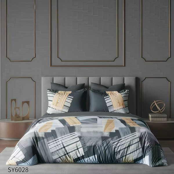 Lenjerie Pat Dublu din Finet Imprimat Digital, 6 Piese, cu Elastic, Abstract Geometric-P10229