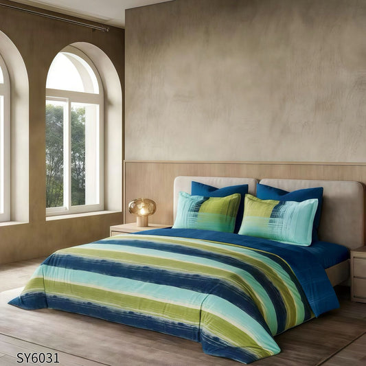 Lenjerie Pat Dublu din Finet Imprimat Digital, 6 Piese, cu Elastic, Dungi Colorate-P10232