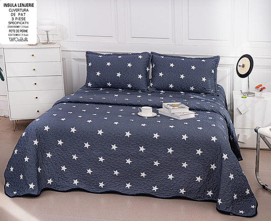 Cuvertura De Pat 3 Piese, din Bumbac Satinat, Stelute-A9856