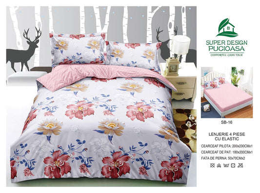 Lenjerie Pat Dublu cu Elastic din Bumbac Satinat Superior cu 4 Piese, Floricele-V8742