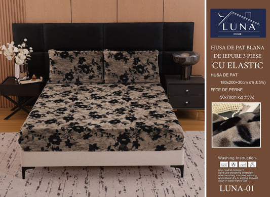 Husa Cocolino cu Elastic din Blanita Artificiala de Iepure, 180x200cm+2 Fete de Perna, Flori-L10143