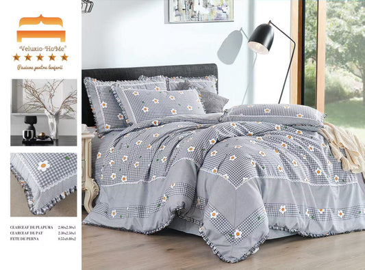 Lenjerie Bumbac Finet Premium 4 Piese cu Volanase, Gri/Floricele-M9578