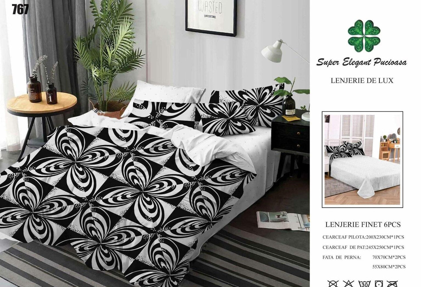 Lenjerie Pat Dublu din Finet, 6 Piese, Alb/Negru-SEP9092