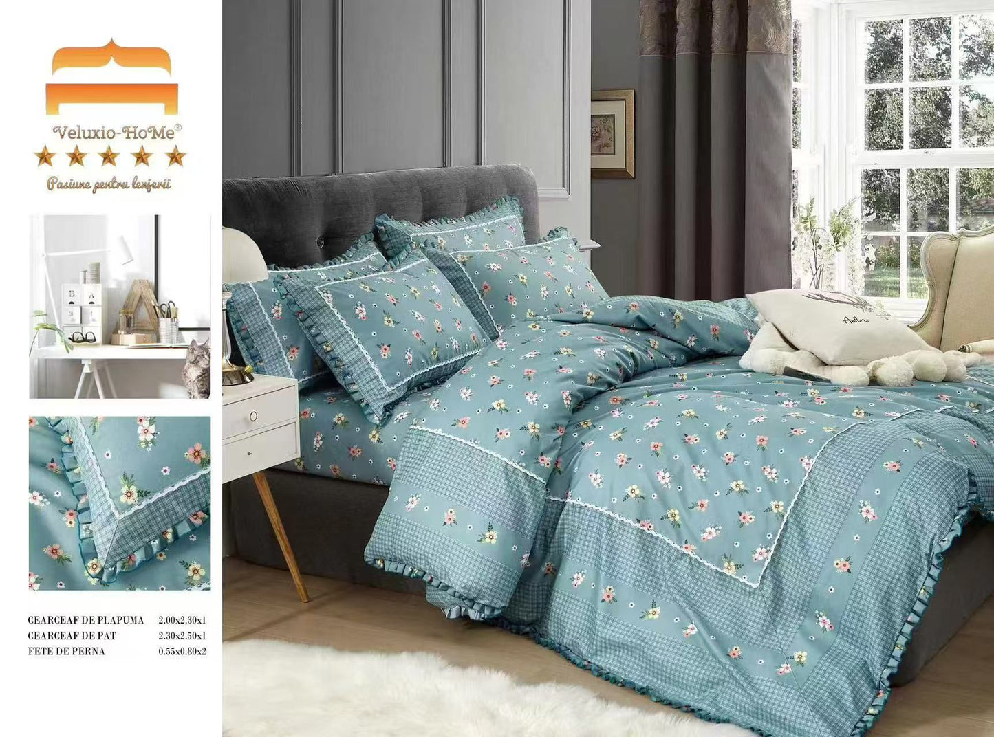 Lenjerie Bumbac Finet Premium 4 Piese cu Volanase, Floricele-M9570