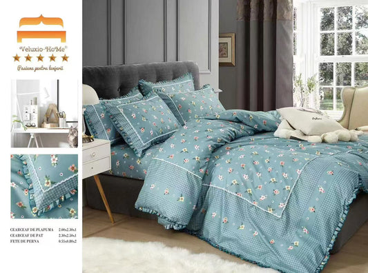 Lenjerie Bumbac Finet Premium 4 Piese cu Volanase, Floricele-M9570