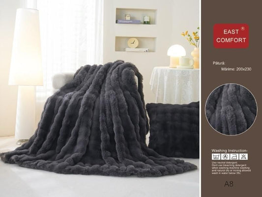 Patura Cocolino Pufoasa, din Blanita Artificiala de Iepure, 200x230cm, Gri Inchis-D9168