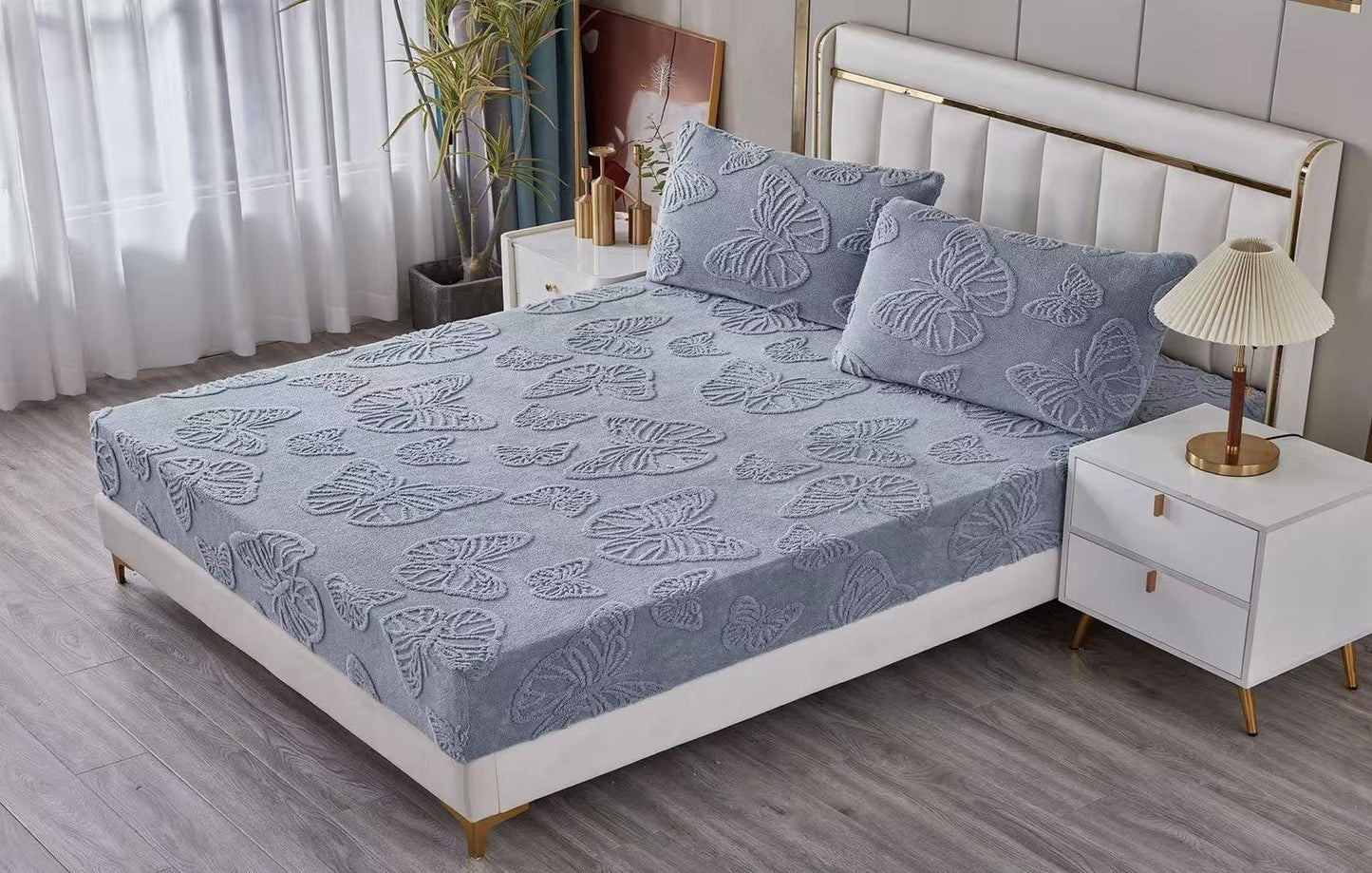 Husa Cocolino cu Elastic+2 Fete de Perna, Fluturi Gofrati, Gri Albastrui-M8616