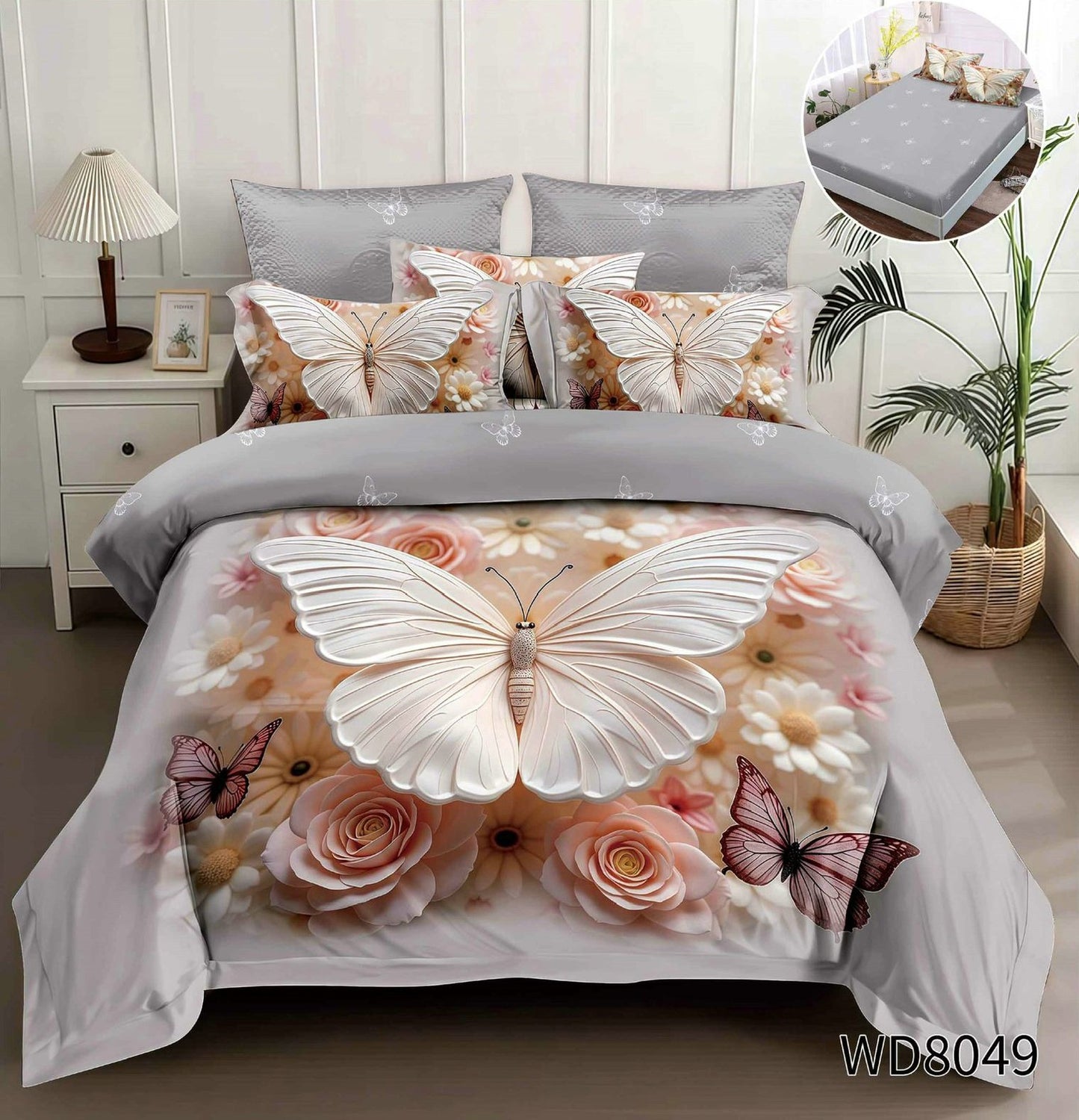 Lenjerie 5D Finet 4 Piese, cu Elastic, Imprimeu Identic cu Poza, Fluturi/Flori-P10213