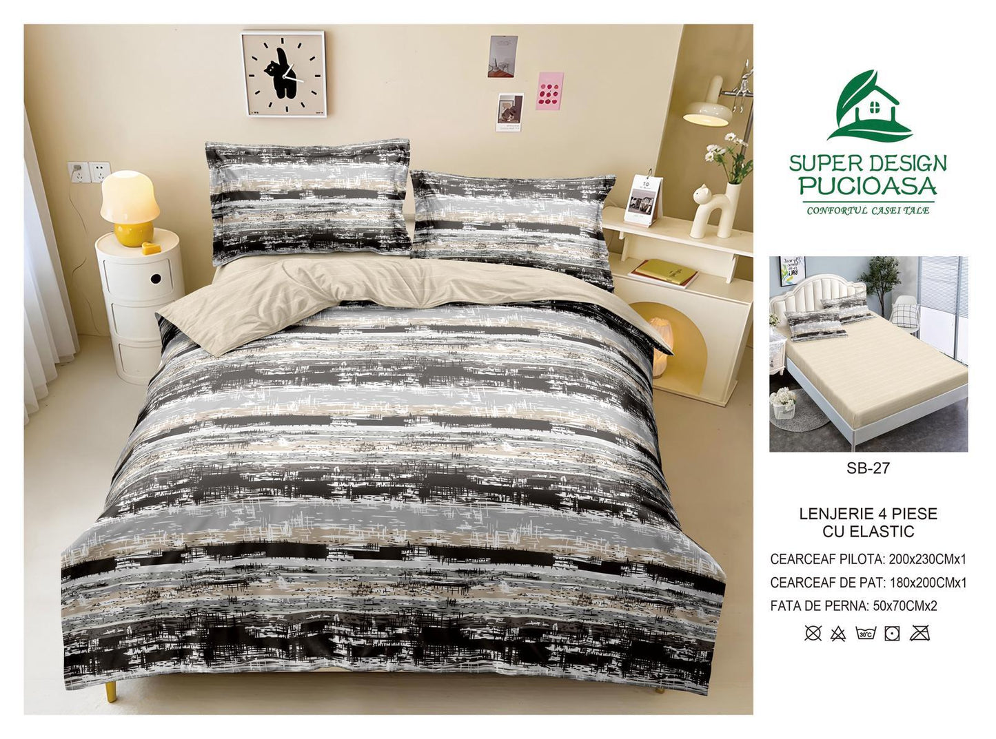 Lenjerie Pat Dublu cu Elastic din Bumbac Satinat Superior cu 4 Piese, Urban Stripes-V8741