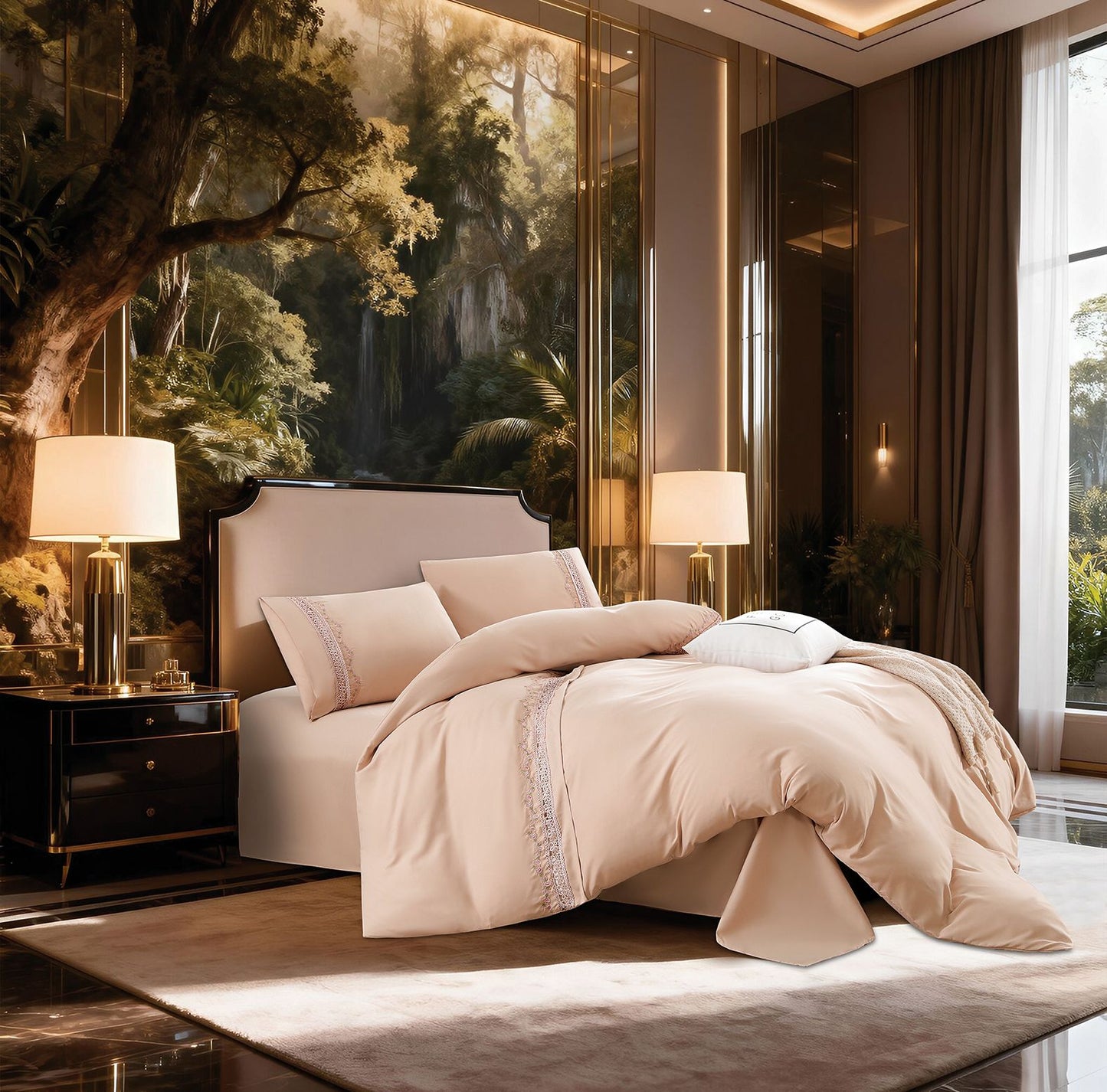 Lenjerie Luxury din Bumbac Finetat Superior, cu Dantela Brodata, 4 Piese, Bej-R10731