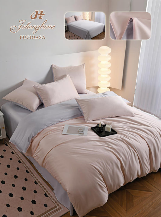 Lenjerie Luxury Pat Dublu, Tip Matase Satinata, 6 Piese, Roz Deschis/Lila-H9502