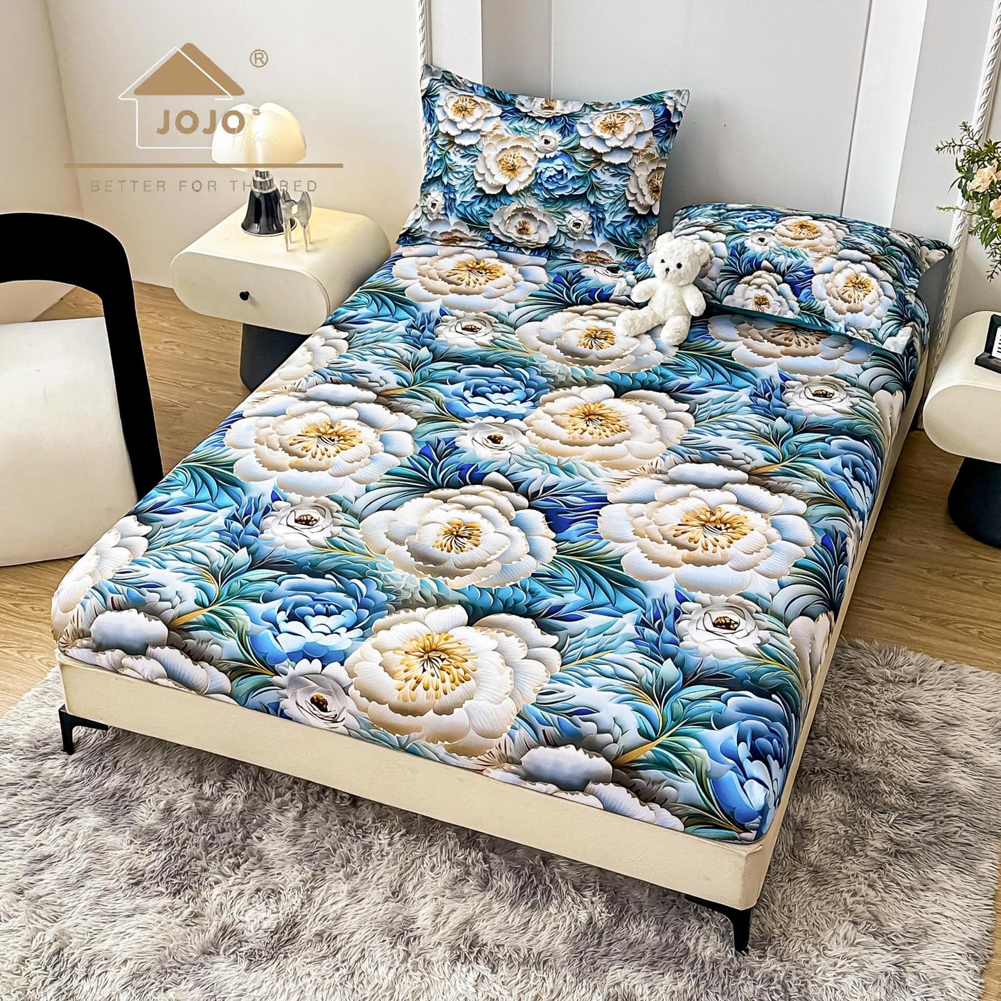 Husa de Pat cu Elastic, din Finet, 160x200cm+2 Fete de Perna, Imprimeu Digital, Floricele-C10172